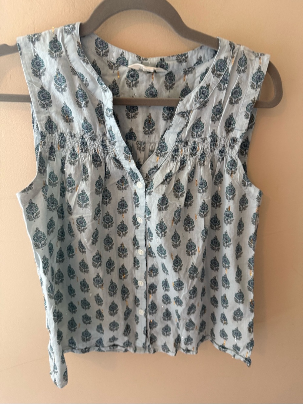 Lucky Brand Top Blockprint V-Neck button down Boho Cotton Blouse size M